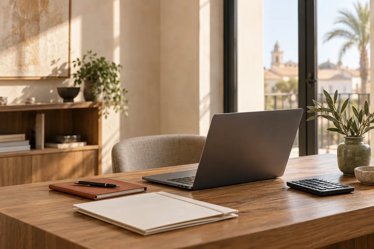 Mesa de trabajo con documentación, ordenador y material de contabilidad